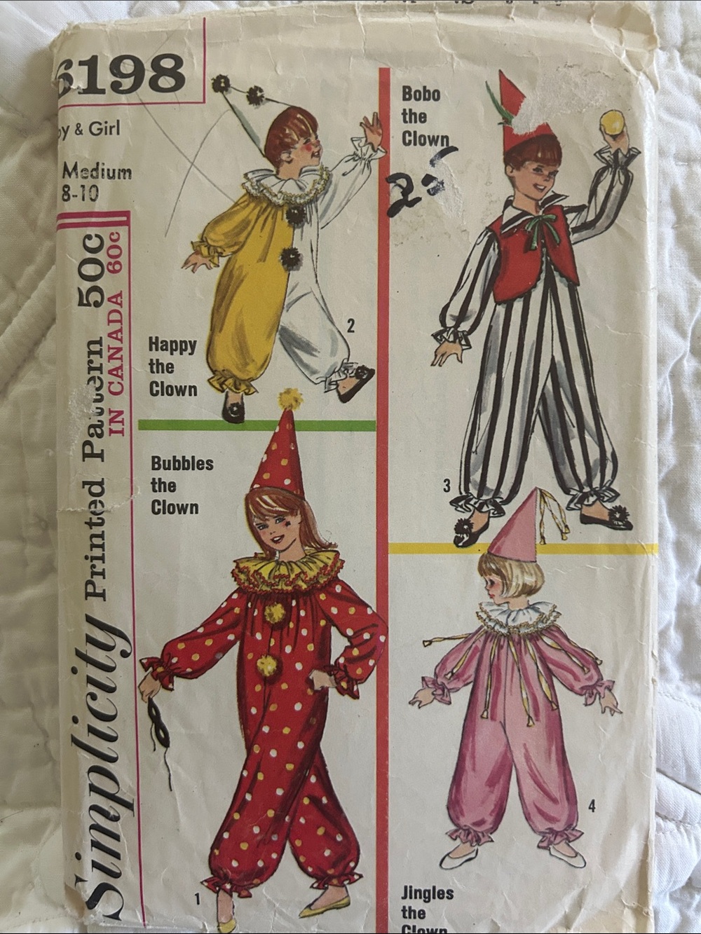 Simplicity Kids Clown Costume Pattern — Red, Yellow, Pink, White, Black